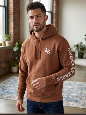Y2K American Eagle Outfitters Brown Pullover Hoodie with AE Chest Logo